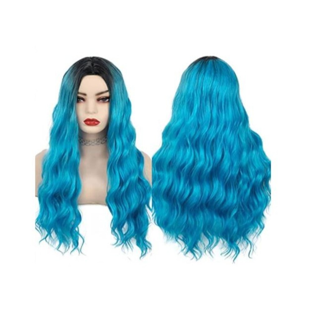 Blue Ombre Curly Wavy Wigs for Women 26 in Long Dark Roots Synthetic Long Hair